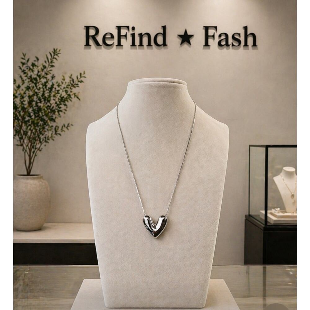 Stainless Steel Silver Puffy Heart Necklace New